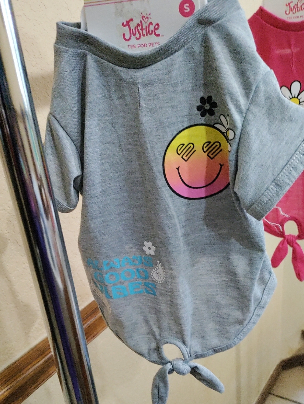 Justice Gray Dog Tee with Rainbow Smiley and Tie Front
